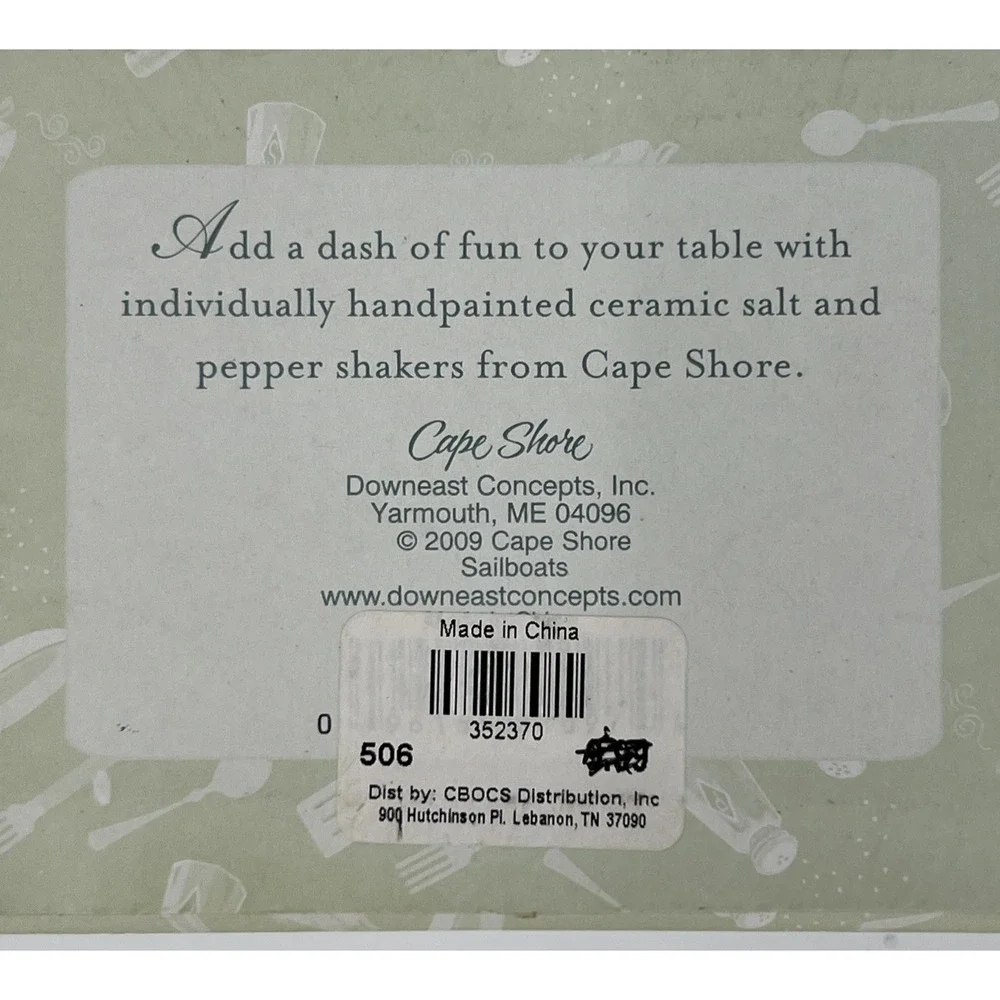 Nautical Coastal Sailboat Ceramic Salt and Pepper Shakers NIB by Cape Shore‎